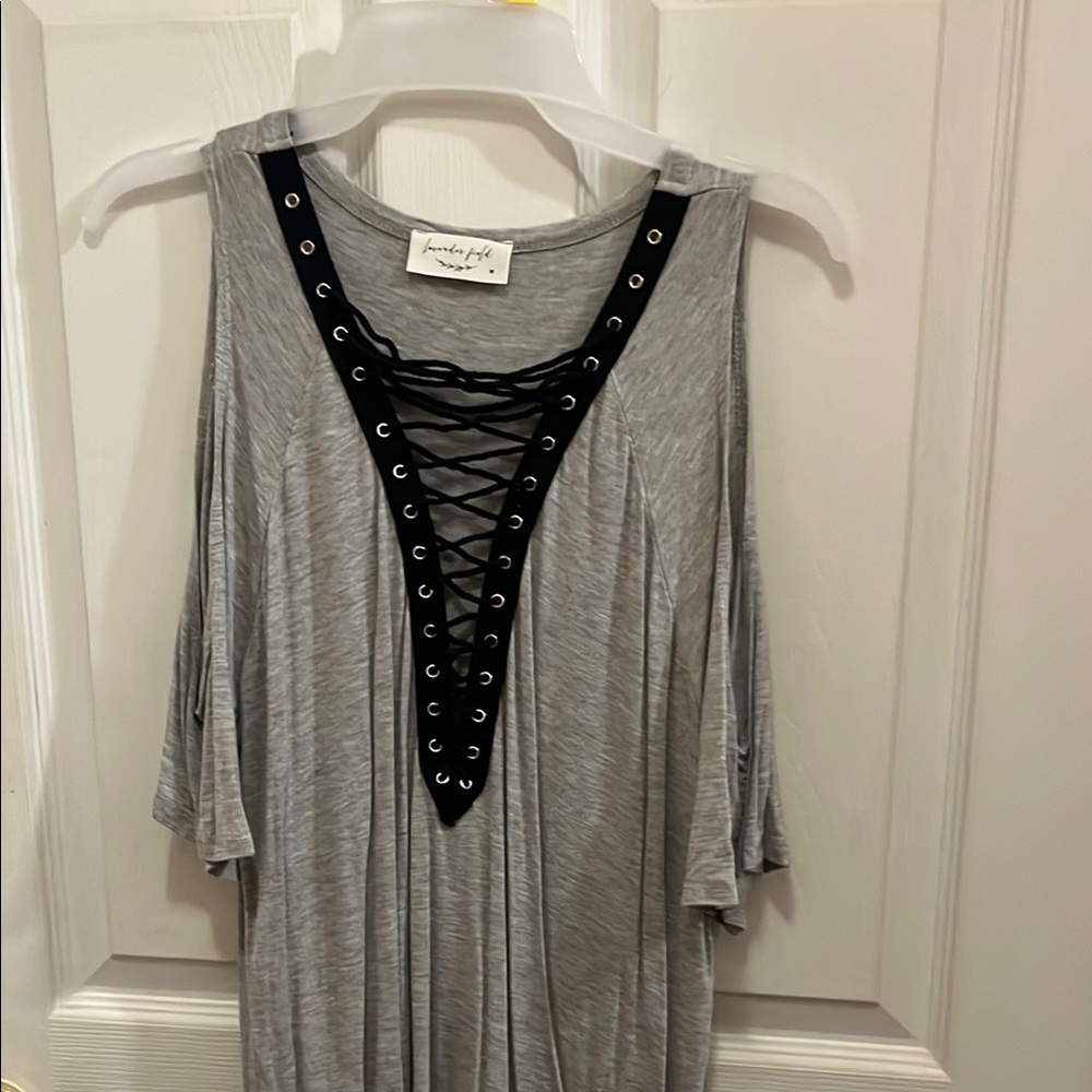 Lovestitch Gray Top with Black Lace-Up Detail